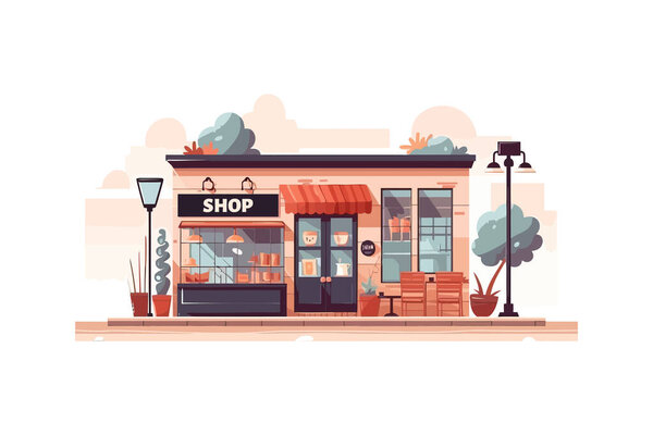 Магазин плоский мультфильм изолирован на белом фоне. Векторная иллюстрация