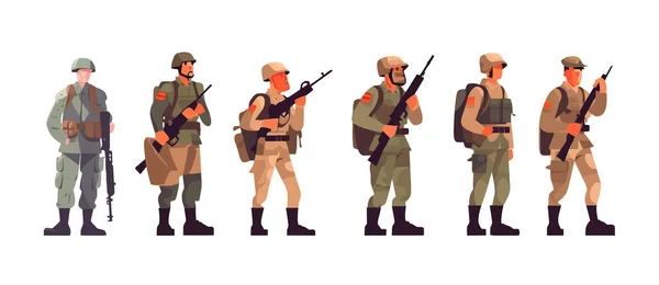一组士兵 平平的漫画孤立在白色背景上 矢量说明 矢量图形