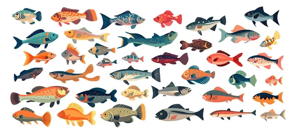 Sada Ryb Plochý Kreslený Film Izolovaný Bílém Pozadí Vektorová Ilustrace Stock Vektory
