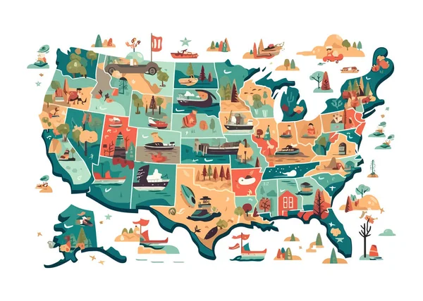 Usa Karta Platt Tecknad Isolerad Vit Bakgrund Vektorillustration Vektorgrafik