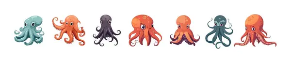 Chobotnice Plochý Kreslený Set Izolované Bílém Pozadí Izolovaná Vektorová Ilustrace Stock Vektory