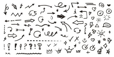 Büyük karalama seti. Ok, taç, kalp, yıldız ve diğer siyah çizgili ikon. Vektör çizimi izole edildi