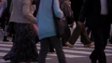 Tokyo, Japonya-10 Nisan 2023: Kalabalık bir kalabalığın bacakları ve ayakları kalabalık Shibuya kavşağında gece trafiği sırasında caddenin karşısına geçiyor..