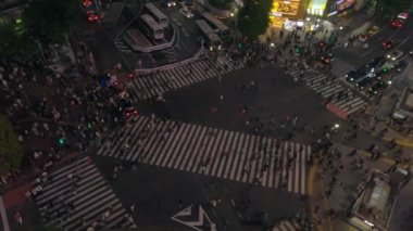 Tokyo, Japonya-10 Nisan 2023: yukarıdaki sokaktan gece, neon ışıkları ve hareketli aktivitelerle aydınlatılmış. Geniş Shibuya yolundan geçen insanların sürekli akışı şehir yaşamını gözler önüne seriyor.