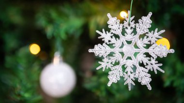 Yeşilleşmiş köknar ağacı dalları beyaz bir Xmas kar tanesinin eklenmesiyle canlanıyor. Noel balolarını güzel ve şenlikli bir dekorasyon haline getiriyor..