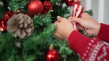 Asyalı bir kadının oda odasında kırmızı ve beyaz fiyonkla Noel ağacı süslemesi. Mutlu Noeller ve mutlu yıllar konsepti. Kız ladin dallarına kurdele takıyor..