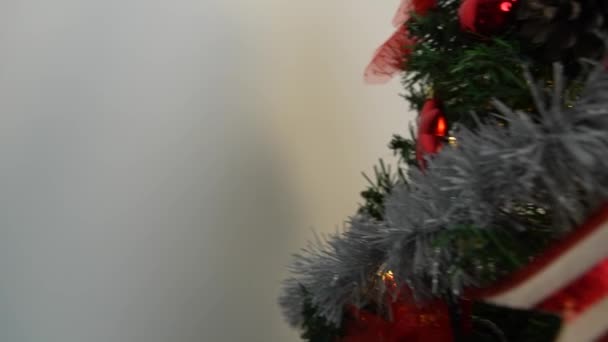 Julgransgrenarna Vackert Dekorerade Med Julröd Och Vit Rosett Som Sätter Videoklipp