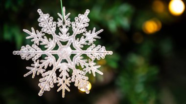 Tatil için beyaz kar taneleriyle süslenmiş. Yazı için boş fotokopi alanı var. Noel 'de ağaçlara beyaz kar taneleri asılıyor..