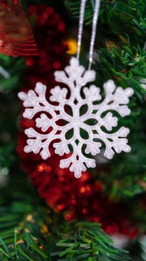 Tatil beyazı kar taneleriyle süslenmiş, Noel 'in şenlikli beyaz kar taneleri ağaçta asılı yemyeşil dallar, güzel bir Noel süsü yaratıyor..