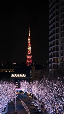 Şehir silueti manzarası ve ofis işleri Japonya 'da akşam Tokyo Kulesi ile şehir merkezinde gökdelen inşa ediyor. Asya turizmi ve modern şehir hayatı
