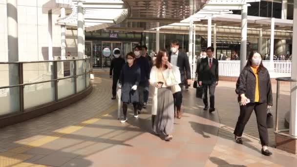 2023年4月12日 2023年4月12日 ドローンビューのゆっくりとした動きで 女性は自信を持って彼女の携帯電話を握りながら 日本の歩道を歩いています 上から見ると 静かな通りを歩くビジネスマン — ストック動画