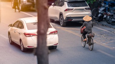 Şehir hayatının koşuşturması ve telaşının ortasında, Vietnamlı bir sokak satıcısı kadın hasır şapkasıyla bisiklet sürüyor, şehir kaosunun ortasında zamansız bir cazibe duygusunu somutlaştırıyor..