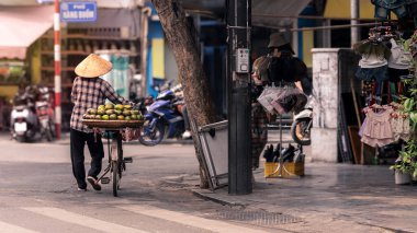 Vietnamlı bir sokak satıcısı bisikletinde tropik meyve çeşitleri sunarken klasik bir Asya konik hasır şapka giyer. Vietnam kültür mirası, sokak ticaretinin geleneksel cazibesi.