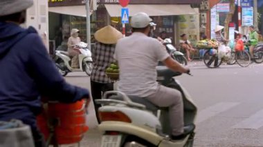 Vietnam, -04 Nisan 2024: Vietnamlı bir sokak satıcısı bisikletinde tropik meyve çeşitleri sunarken klasik bir Asya konik hasır şapka takıyor. Geleneksel ticaret şehri