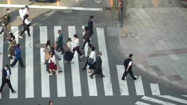 Tokyo, Japonya-13 Nisan 2023: Herkesin kurallara uyduğu ve belirlenmiş yaya geçidi sınırları içinde kaldığı için Japonların belirgin bir kaos eksikliğinden geçerken yavaş çekim görüntüsü arttı..