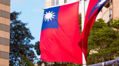 Tayvan bayrakları bir direğin üzerinde zarif bir şekilde sallanıyor, bir ağaç zeminine ve modern bir binaya karşı dizilmiş, Tayvan gururu ve mirasını simgeliyor..