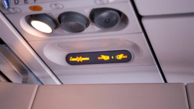 Emniyet kemerini gösteren ve uçuş sırasında sigara içilmemesi talimatlarını içeren bir uçak güvenlik panelinin kapatılması, seyahat güvenliği ve yönetmeliklerini vurguladı.