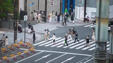 Tokyo, Japonya-13 Nisan 2023: Herkesin kurallara uyduğu ve belirlenmiş yaya geçidi sınırları içinde kaldığı için Japonların belirgin bir kaos eksikliğinden geçerken yavaş çekim görüntüsü arttı..