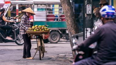 Hanoi, Vietnam-04 Nisan 2024: Geleneksel Asya konik hasır şapkası takmış Vietnamlı bir sokak satıcısı, bisikletini Hanoi, Vietnam 'da bir yol boyunca mobil meyve tezgahı olarak kullanıyor..