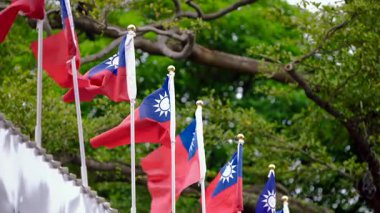 Tayvan bayraklarının yavaşça dalgalanması arka planda yemyeşil olarak, ulusal gurur ve doğayla bağlantıyı temsil ediyor..