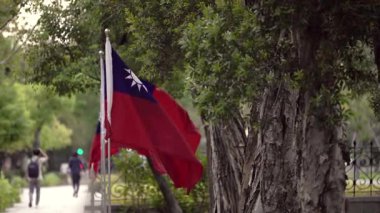 Tayvan bayrağının parkta yeşil ağaçların arasında dalgalanması sükunet ve milli gurur hissi uyandırıyor..