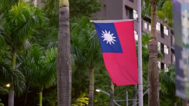 Tayvan bayrağının tropik palmiye ağaçlarıyla çevrili bir direkte dalgalanması kentsel ortamdaki kültürel gururu sembolize ediyor..
