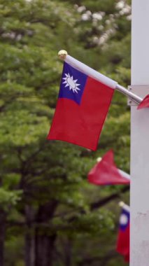 Arka planda yeşil yeşillikle dalgalanan Tayvan bayrağının dikey yavaş hareketi vatanseverliği ve doğayla uyumu simgeliyor..