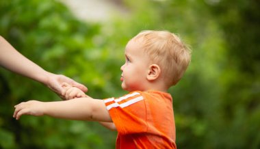 Küçük çocuk annesinin elini tutuyor yaz parkında yürüyor, aile yürüyüşü yapıyor.