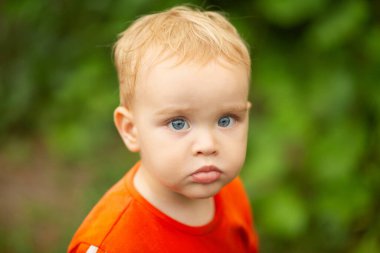 Doğada küçük sarışın bir çocuğun yaz portresi, yakın plan bebek yüzü.