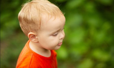 Doğada küçük kızıl saçlı bir çocuğun yaz portresi. Mutlu aile ve çocukluk kavramı