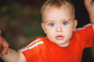 Küçük kızıl saçlı çocuğun portresi doğada ebeveyn elini tutuyor. Mutlu aile ve çocukluk kavramı