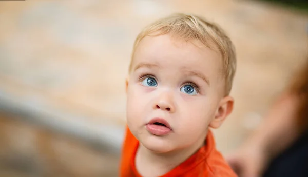 Portrait Small Blond Boy Background Sandbox Yard Close Baby Face — Stock Photo, Image