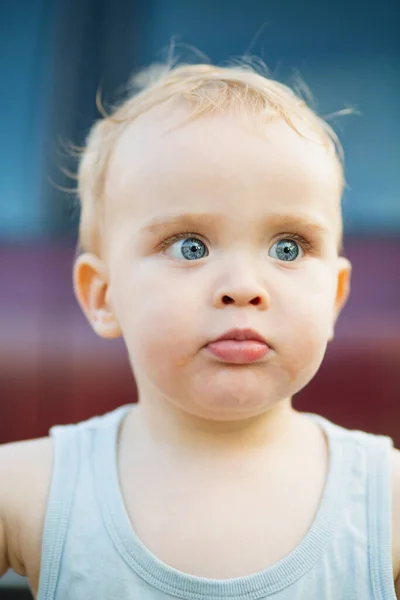 Close Portrait Small Boy Blond Hair Big Blue Eyes Yard — Stock Photo, Image