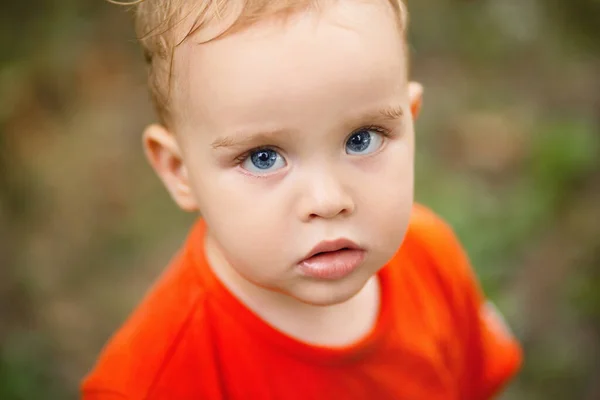 Portret Małego Blond Chłopca Tle Natury Zbliżenie Baby Face — Zdjęcie stockowe