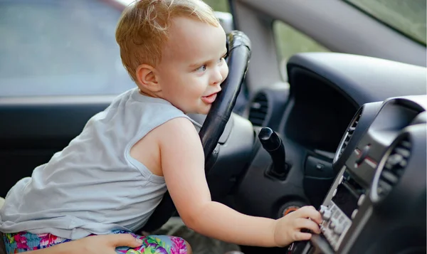Child Sitting Mother Knees Car Cute Little Boy Have Fun — Stock Photo, Image