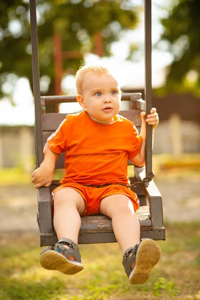 Cute Little Blond Boy Sitting Swing Park Leisure Child Nature — Stock Photo, Image