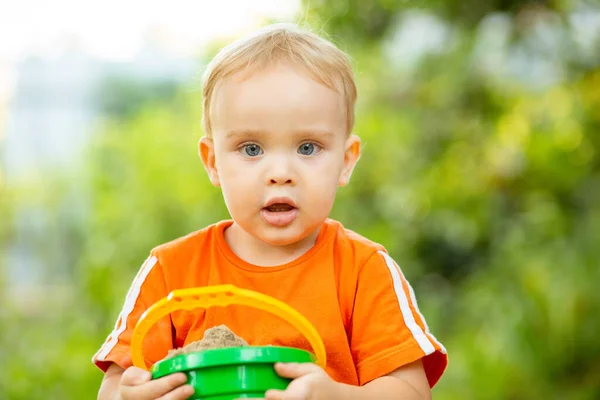 Little Blond Boy Playing Sandbox Playground Outdoors Portarit Toddler Full — Stock Photo, Image