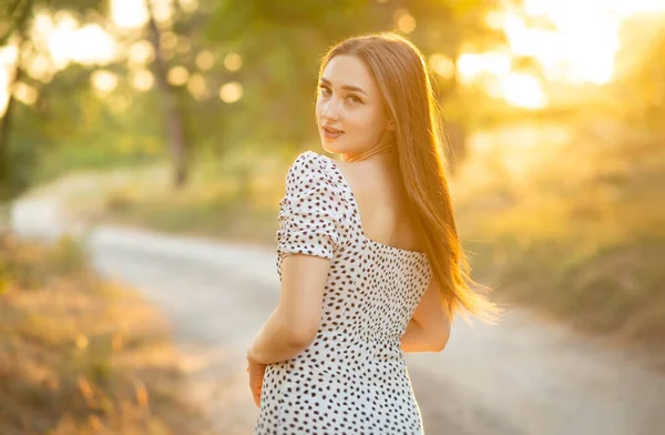 Young Romantic Woman Dress Turn Back Walking Sunset Forest Planting — Stock Photo, Image