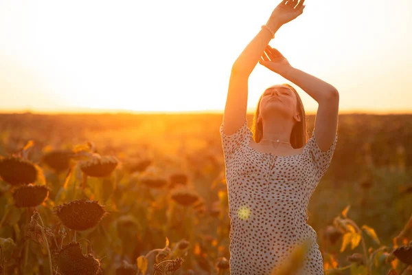 Jonge Vrouw Avond Zonlicht Een Zonnebloemenveld Bij Zonsondergang Meisje Houdt — Stockfoto