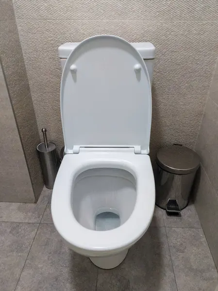 Temiz, modern bir banyoda, kapağı yukarıda beyaz bir klozet manzarası. Metal bir tuvalet fırçası tutacağı ve küçük metal bir çöp tenekesi gri fayanslı bir zeminde, birbirine uyumlu bir kiremit duvarın yanında.. 