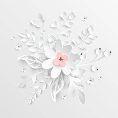 Kağıt çiçek. Beyaz gül kağıttan kesilmiş. Düğün süslemeleri. Dekoratif gelin buketi, izole çiçek tasarım öğeleri. Tebrik kartı şablonu, boş çiçek duvar dekorasyonu. Arka plan.