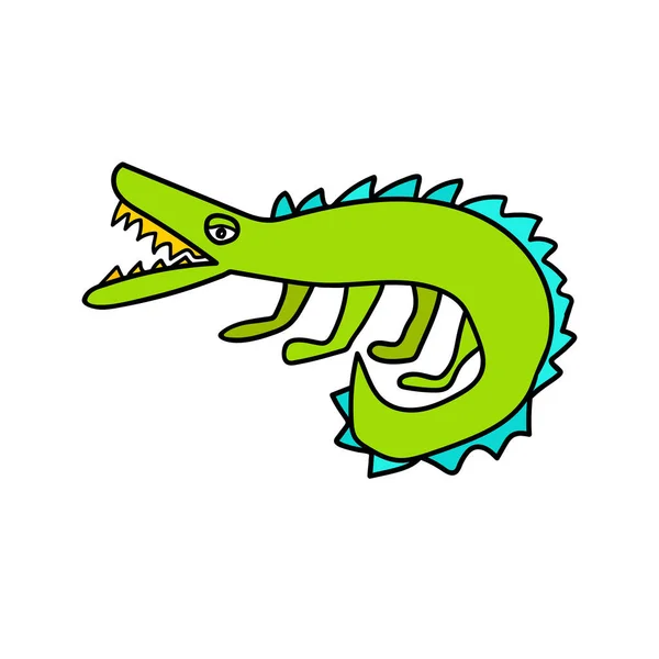 Dinosaurus Krokodil Met Hand Getekend Een Witte Achtergrond Tekenfilmdieren Doodle — Stockvector