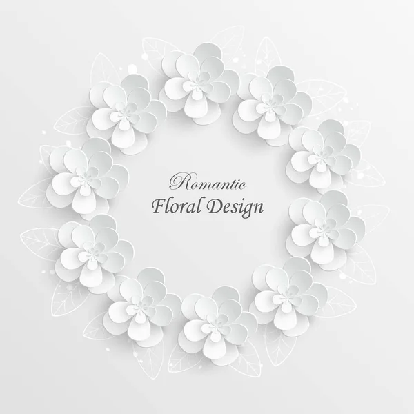 Papierblume Runder Rahmen Mit Abstrakten Schnittblumen Weiße Rose Hochzeitsdekoration Dekorativer — Stockvektor