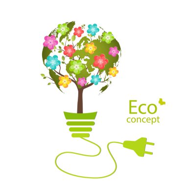 Ekolojik olarak temiz bir dünya. Küre şeklinde bir ağaç bir ampulün içinde büyür. Modern bilgi tasarımı için ekoloji kavramının vektör illüstrasyonu.
