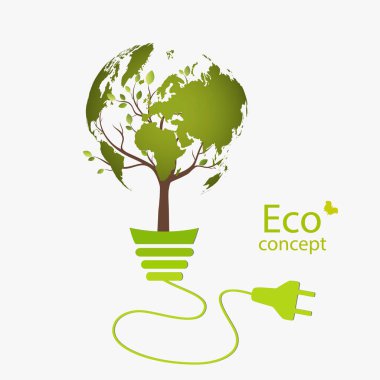 Ekolojik olarak temiz bir dünya. Küre şeklinde bir ağaç bir ampulün içinde büyür. Modern bilgi tasarımı için ekoloji kavramının vektör illüstrasyonu.