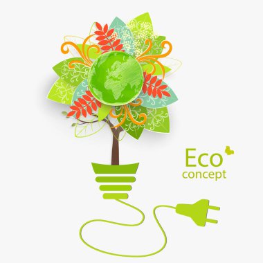 Ekolojik olarak temiz bir dünya. Küre şeklinde bir ağaç bir ampulün içinde büyür. Modern bilgi tasarımı için ekoloji kavramının vektör illüstrasyonu