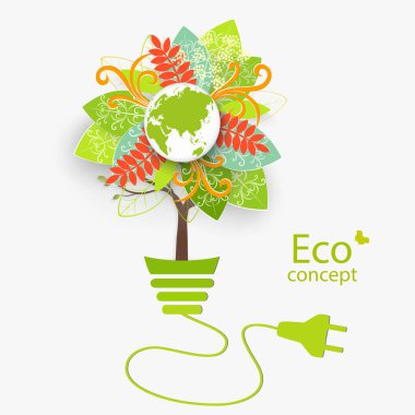 Ekolojik olarak temiz bir dünya. Küre şeklinde bir ağaç bir ampulün içinde büyür. Modern bilgi tasarımı için ekoloji kavramının vektör illüstrasyonu