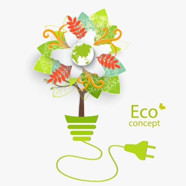 Ekolojik olarak temiz bir dünya. Küre şeklinde bir ağaç bir ampulün içinde büyür. Modern bilgi tasarımı için ekoloji kavramının vektör illüstrasyonu