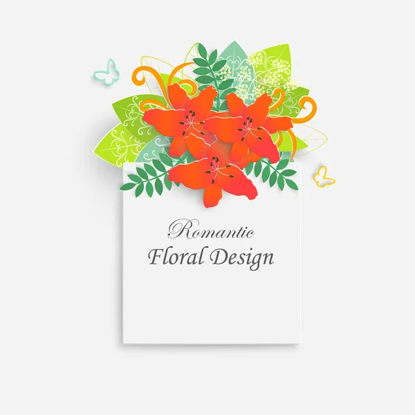 Paper Flower Green Leaves Frame Colorful Bright Lilies Cut Out — Vetor de Stock