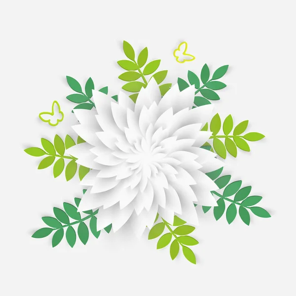 緑色の葉を持つ紙の花 白いバラ ハスの白の背景に紙の外にカットされます 装飾的なブライダル花束 別の花のデザイン要素 グリーティングカードのテンプレート ベクトル — ストックベクタ
